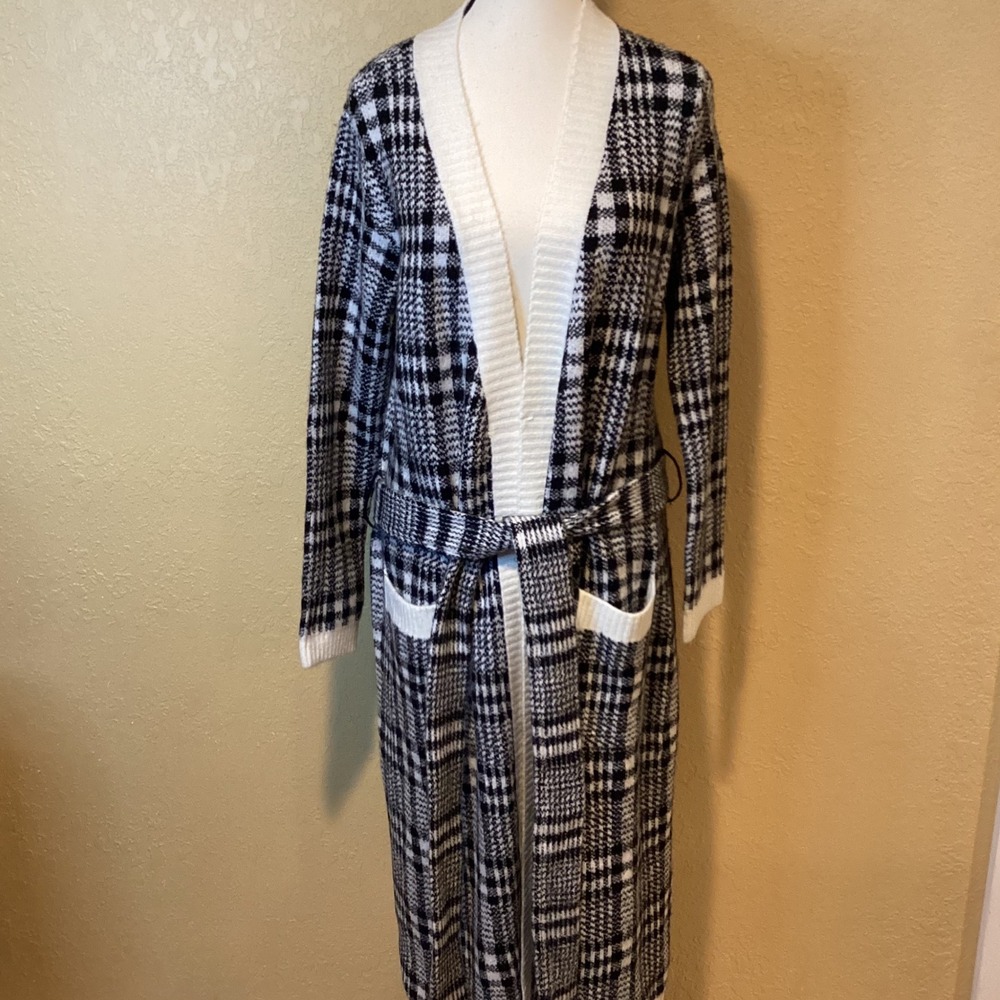 Show Me Your MuMu Seth Belted Cardigan NWT, Black/White Plaid, Small, Oversize